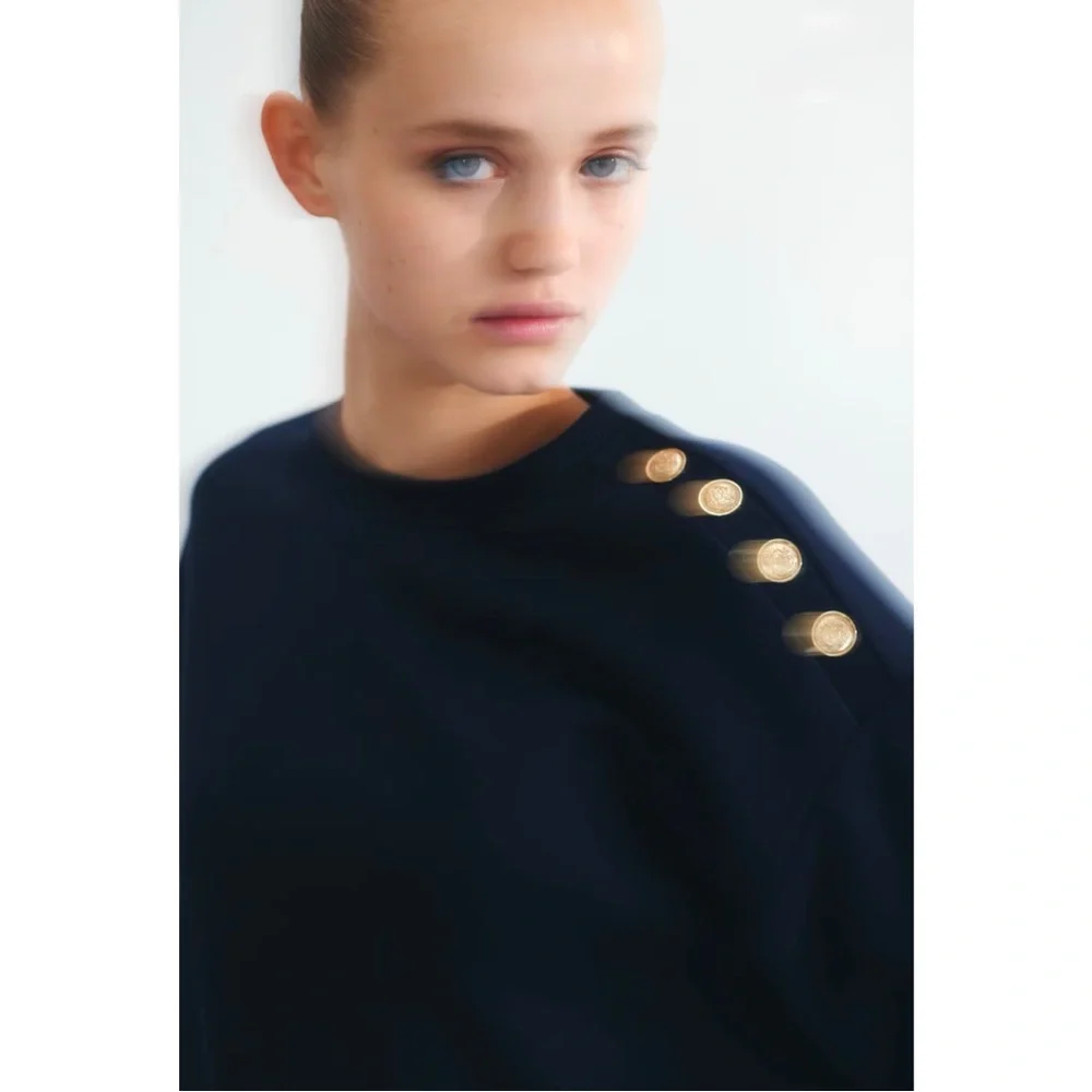 Navy Blue Button Detail Sweatshirt (S,M,L) - Picture 2 of 7